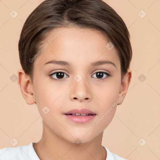 Joyful white child female with short  brown hair and brown eyes