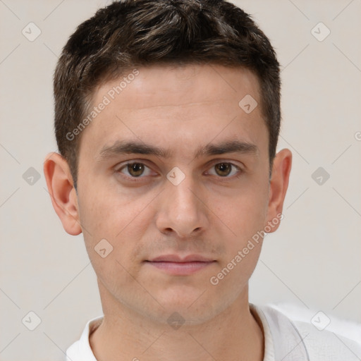 Neutral white young-adult male with short  brown hair and brown eyes