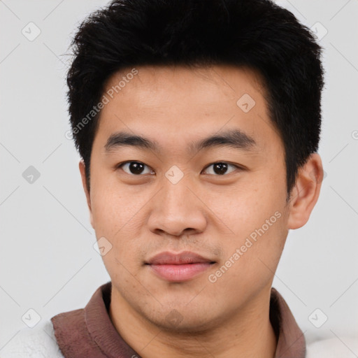 Neutral asian young-adult male with short  black hair and brown eyes