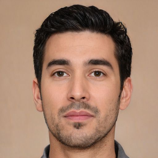 Neutral white young-adult male with short  black hair and brown eyes
