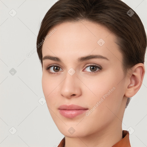 Neutral white young-adult female with short  brown hair and brown eyes