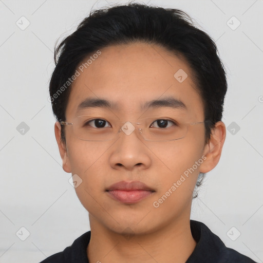 Neutral asian young-adult male with short  black hair and brown eyes