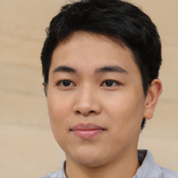 Neutral asian young-adult male with short  black hair and brown eyes