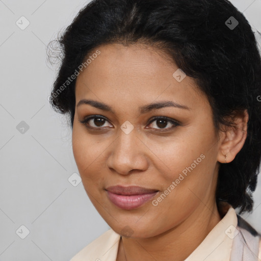 Joyful latino young-adult female with long  brown hair and brown eyes