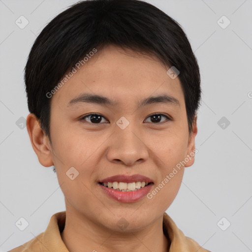 Joyful asian young-adult female with short  brown hair and brown eyes