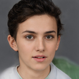 Neutral white young-adult female with short  brown hair and brown eyes