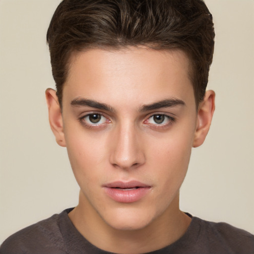 Neutral white young-adult male with short  brown hair and brown eyes