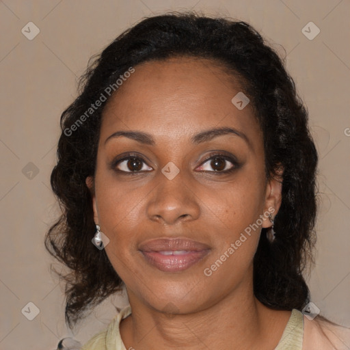 Joyful black young-adult female with medium  brown hair and brown eyes