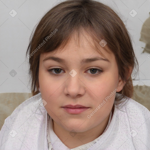 Joyful white child female with medium  brown hair and brown eyes