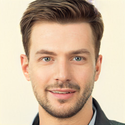 Joyful white young-adult male with short  brown hair and brown eyes