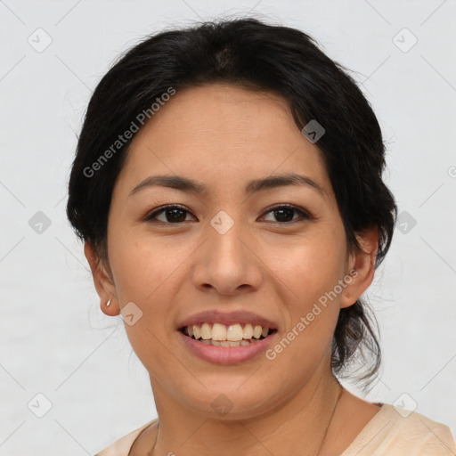 Joyful latino young-adult female with medium  brown hair and brown eyes