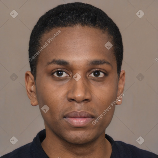 Neutral black young-adult male with short  black hair and brown eyes