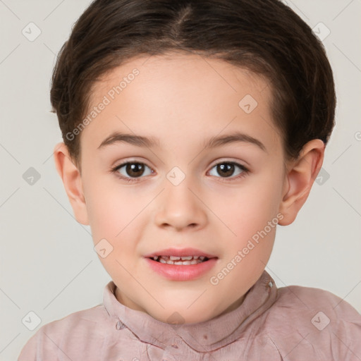 Joyful white child female with short  brown hair and brown eyes