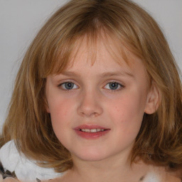 Joyful white child female with medium  brown hair and blue eyes