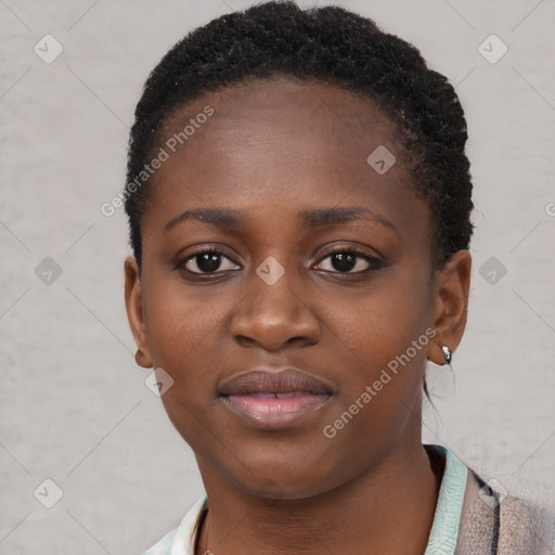 Neutral black young-adult female with short  brown hair and brown eyes