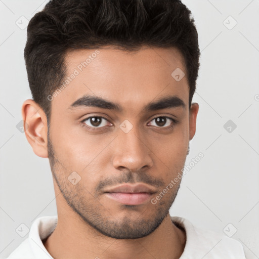 Neutral white young-adult male with short  brown hair and brown eyes