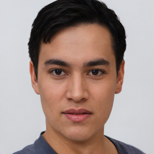 Neutral asian young-adult male with short  black hair and brown eyes