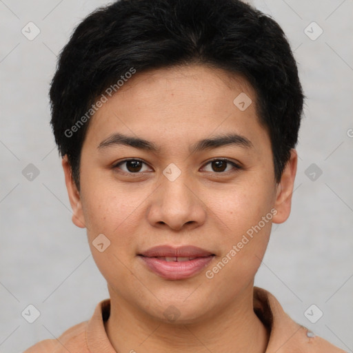 Joyful asian young-adult female with short  brown hair and brown eyes