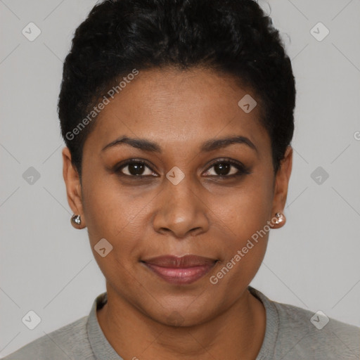 Joyful black young-adult female with short  black hair and brown eyes