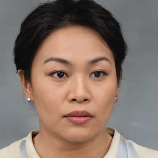 Neutral asian young-adult female with short  brown hair and brown eyes