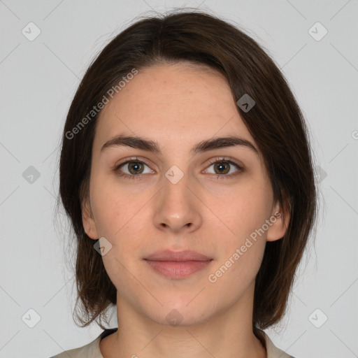 Neutral white young-adult female with medium  brown hair and brown eyes