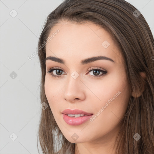 Neutral white young-adult female with long  brown hair and brown eyes