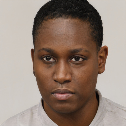 Neutral black young-adult female with short  black hair and brown eyes