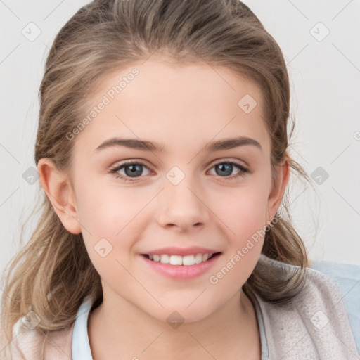 Joyful white child female with medium  brown hair and brown eyes