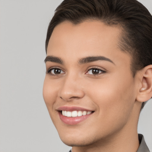 Joyful white young-adult female with short  brown hair and brown eyes