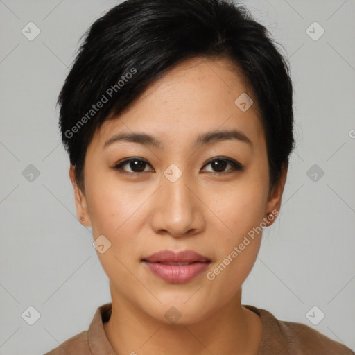 Joyful asian young-adult female with short  black hair and brown eyes