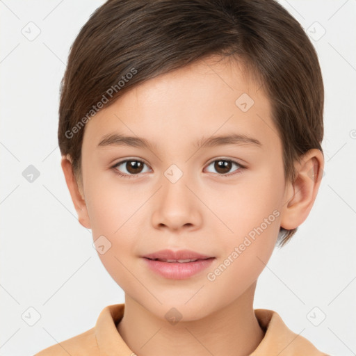 Joyful white child female with short  brown hair and brown eyes