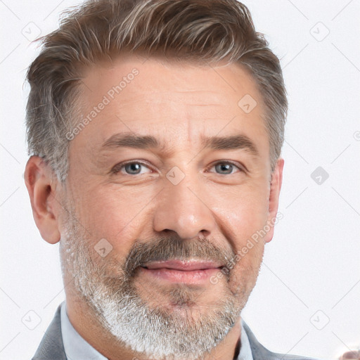 Neutral white middle-aged male with short  brown hair and brown eyes