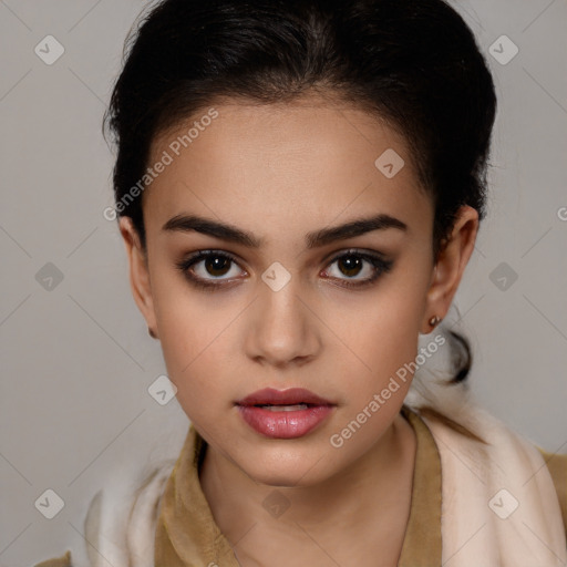 Neutral white young-adult female with long  brown hair and brown eyes