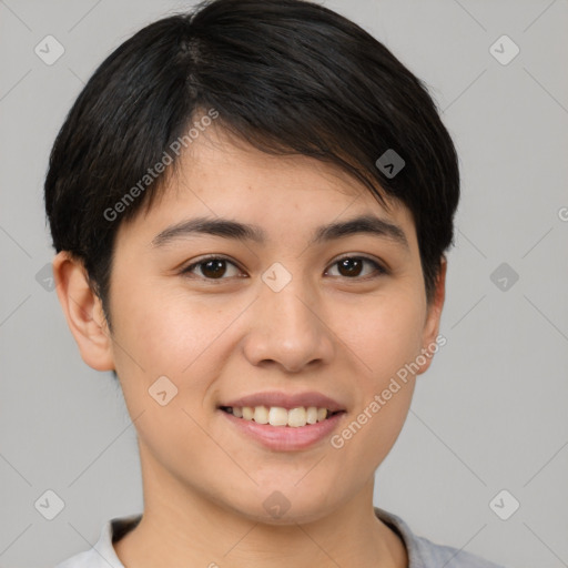 Joyful white young-adult female with short  brown hair and brown eyes