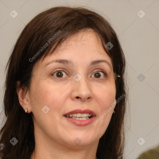 Joyful white adult female with medium  brown hair and brown eyes