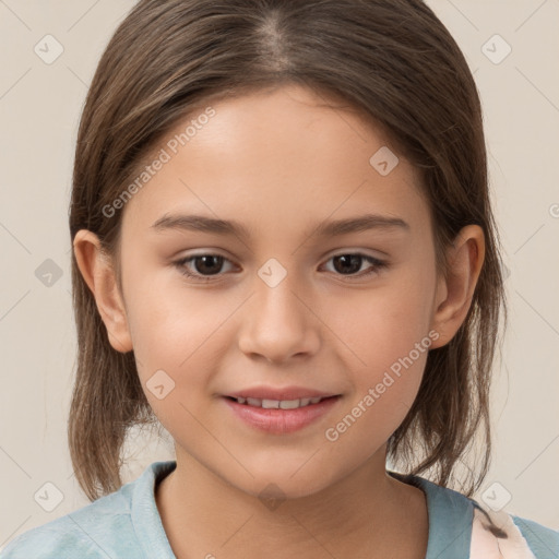 Joyful white child female with medium  brown hair and brown eyes