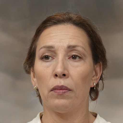 Neutral white adult female with medium  brown hair and brown eyes