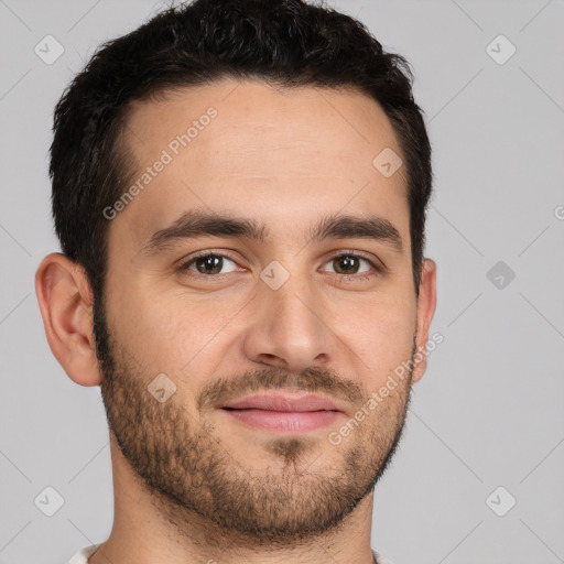 Joyful white young-adult male with short  brown hair and brown eyes