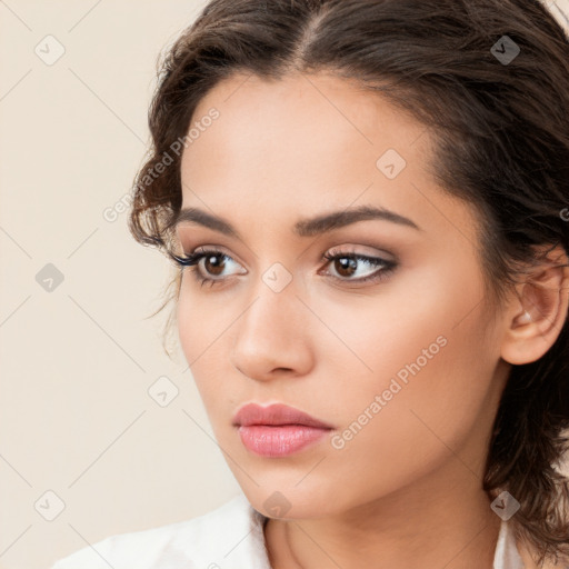 Neutral white young-adult female with medium  brown hair and brown eyes