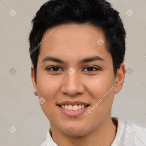 Joyful latino young-adult female with short  brown hair and brown eyes