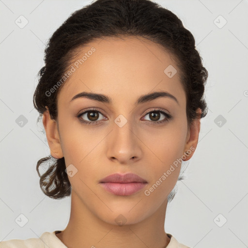 Neutral white young-adult female with long  brown hair and brown eyes