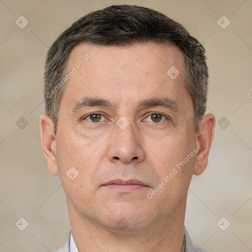 Neutral white adult male with short  brown hair and brown eyes