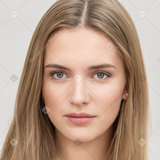 Neutral white young-adult female with long  brown hair and brown eyes