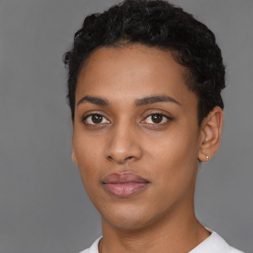 Neutral latino young-adult female with short  black hair and brown eyes