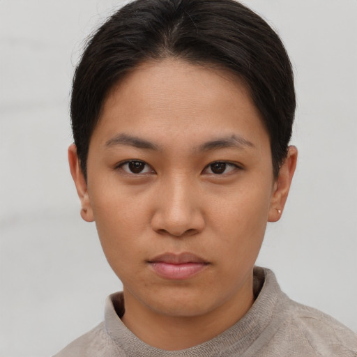 Neutral asian young-adult female with short  brown hair and brown eyes