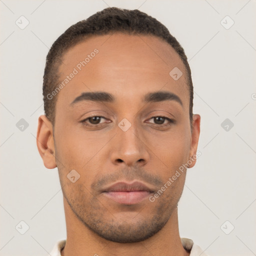 Neutral latino young-adult male with short  brown hair and brown eyes