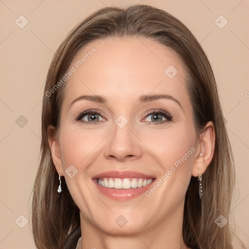 Joyful white young-adult female with long  brown hair and grey eyes