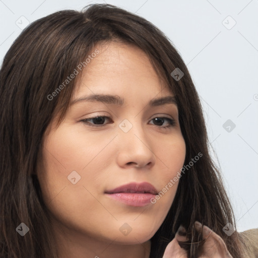 Neutral white young-adult female with long  brown hair and brown eyes