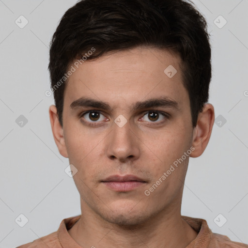 Neutral white young-adult male with short  brown hair and brown eyes