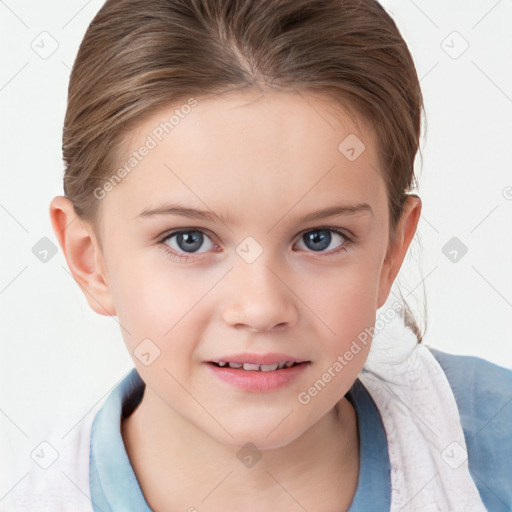 Joyful white child female with short  brown hair and blue eyes